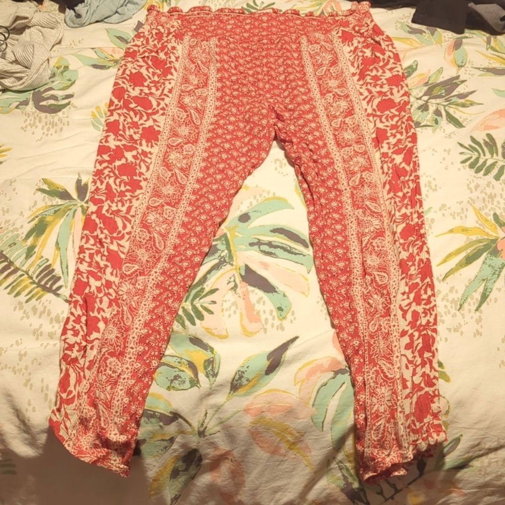 Women's Billabong Boho Gypsy pants Orange white floral print beachy sz L